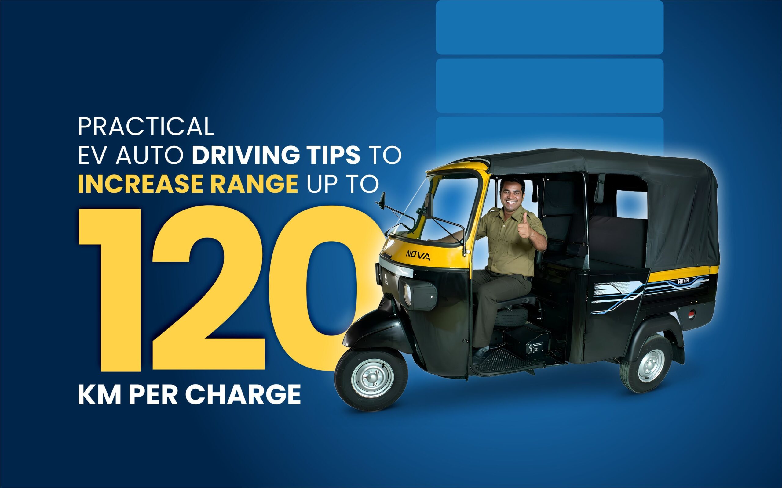 EV auto driving tips to increase range showing electric auto rickshaw achieving 120 km per charge with battery saving techniques